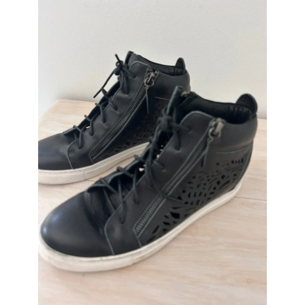 All Black Urban Cut Hi Top Leather Sneakers Laser Cut Zip Black Size 40